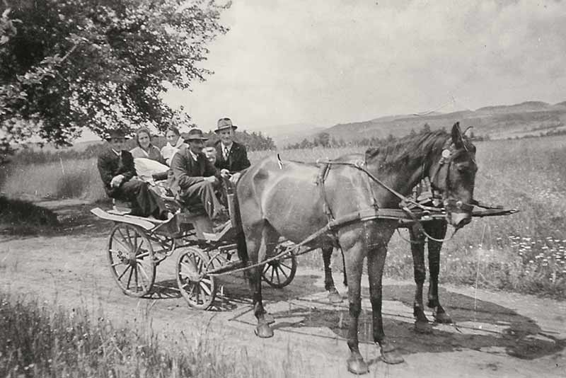Karl und Maria Wilhelm anlässlich der Taufe eines Kindes mit der Pferdekutsche unterwegs von Pöbring nach Aichau.